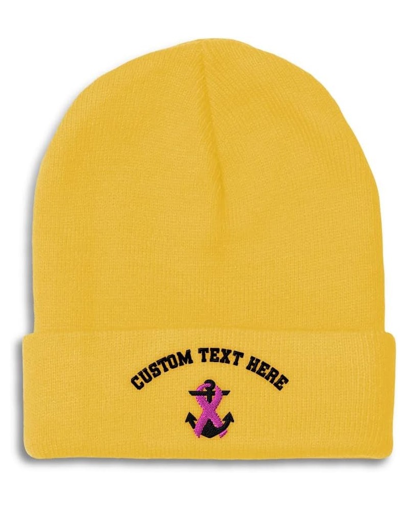 Custom Beanies for Men Breast Cancer Ribbon & Anchor Embroidery Winter Hats for Women Skull Cap 1 Size Yellow Personalized Te...