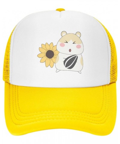 Mesh Dad Hat Adjustable Washed Cute Hamster Sunflower Yellow Baseball Dad Cap Funny Distressed Ball Trucker Cap for Women Men...