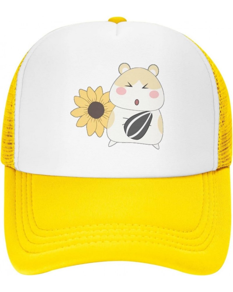 Mesh Dad Hat Adjustable Washed Cute Hamster Sunflower Yellow Baseball Dad Cap Funny Distressed Ball Trucker Cap for Women Men...