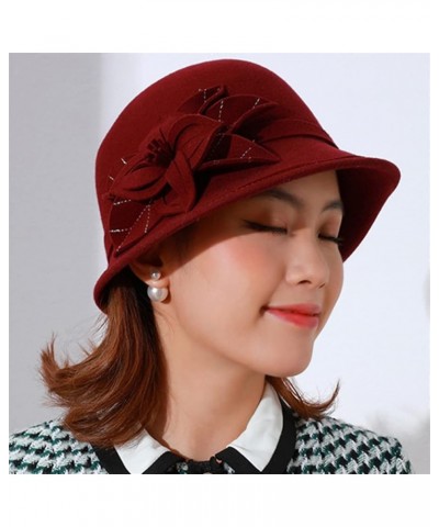 Women Winter Cloche Hat Wool Felt Fedora Hats Church Cap with Flowers Vintage Warm Wool Fedoras F $48.77 Fedoras