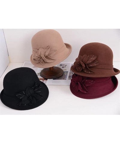 Women Winter Cloche Hat Wool Felt Fedora Hats Church Cap with Flowers Vintage Warm Wool Fedoras F $48.77 Fedoras