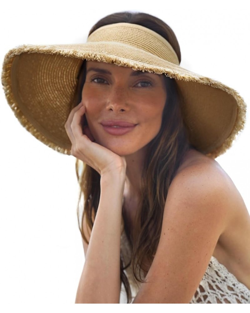 Sun Visor Hats for Women Wide Brim Straw Roll-Up Ponytail Summer Beach Hat UV UPF Packable Foldable Travel Khaki Hemming $13....