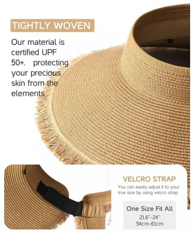 Sun Visor Hats for Women Wide Brim Straw Roll-Up Ponytail Summer Beach Hat UV UPF Packable Foldable Travel Khaki Hemming $13....