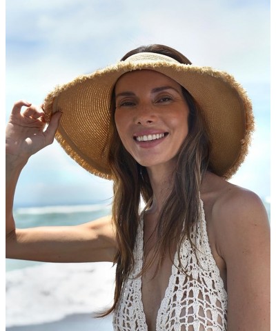 Sun Visor Hats for Women Wide Brim Straw Roll-Up Ponytail Summer Beach Hat UV UPF Packable Foldable Travel Khaki Hemming $13....