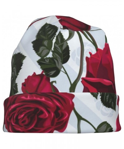 Red Flowers Roses and Leaves Knit Beanie Hat for Men Women Skull Cap Multifunctional Headwear $11.99 Skullies & Beanies