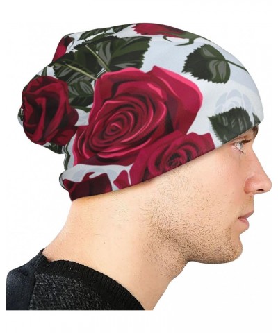 Red Flowers Roses and Leaves Knit Beanie Hat for Men Women Skull Cap Multifunctional Headwear $11.99 Skullies & Beanies