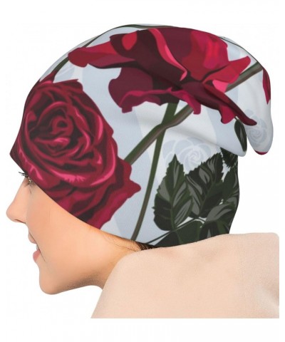 Red Flowers Roses and Leaves Knit Beanie Hat for Men Women Skull Cap Multifunctional Headwear $11.99 Skullies & Beanies