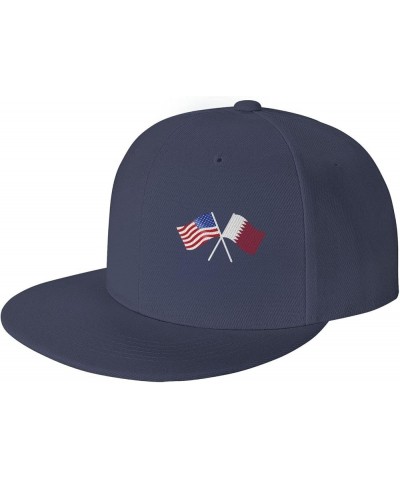 American and Qatar Flag Flat Brim Cap Unisex Flat Bill Baseball Cap Navy Blue $14.63 Baseball Caps