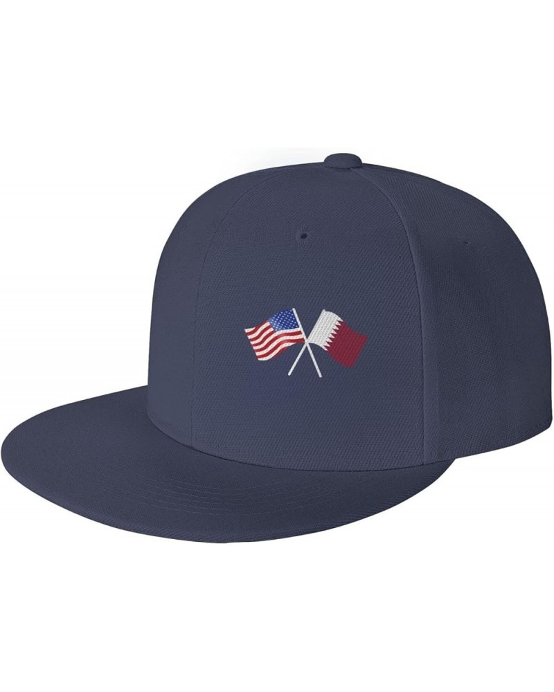 American and Qatar Flag Flat Brim Cap Unisex Flat Bill Baseball Cap Navy Blue $14.63 Baseball Caps