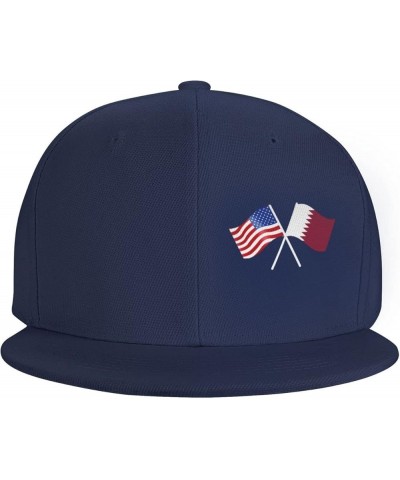 American and Qatar Flag Flat Brim Cap Unisex Flat Bill Baseball Cap Navy Blue $14.63 Baseball Caps