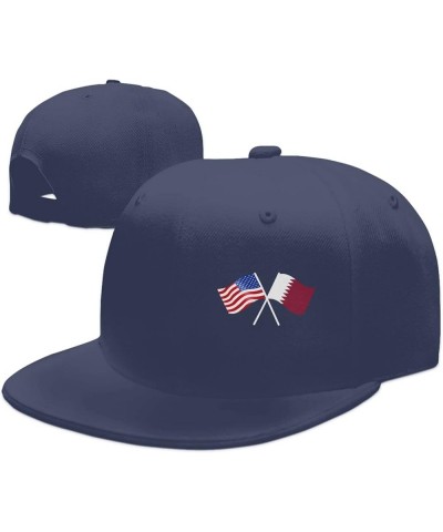 American and Qatar Flag Flat Brim Cap Unisex Flat Bill Baseball Cap Navy Blue $14.63 Baseball Caps