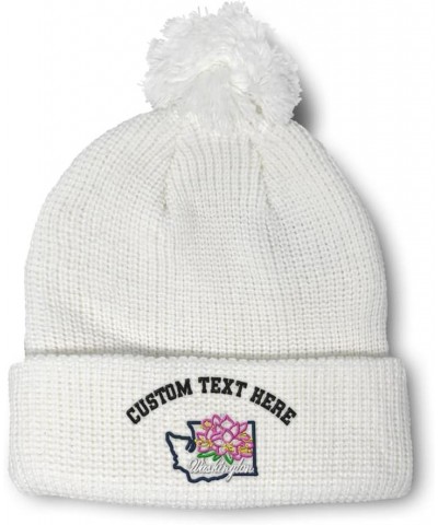 Custom Pom Pom Beanies for Women Washington State Flower Embroidery Skull Cap Winter Hats for Men 1 Size White Personalized T...