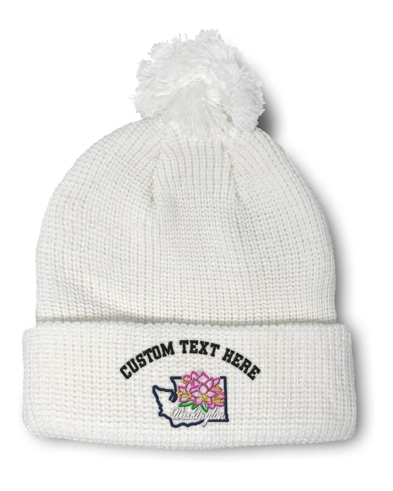 Custom Pom Pom Beanies for Women Washington State Flower Embroidery Skull Cap Winter Hats for Men 1 Size White Personalized T...