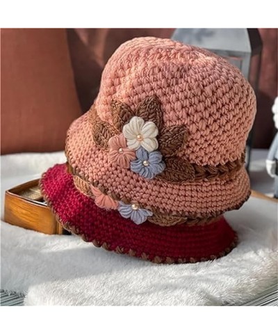 French Thicken Women's Flowers Knitted Woolen Hat, Winter Outdoor Warm Windproof Knitted Crochet Beanie Hat for Women Wine Re...