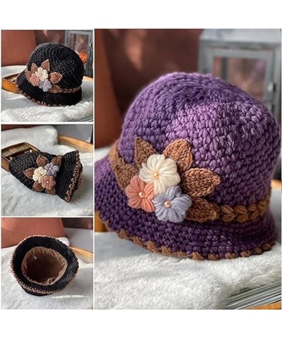 French Thicken Women's Flowers Knitted Woolen Hat, Winter Outdoor Warm Windproof Knitted Crochet Beanie Hat for Women Wine Re...