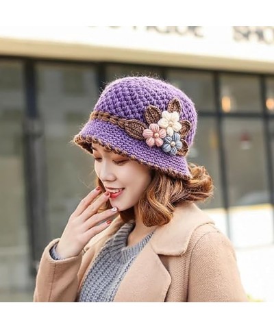 French Thicken Women's Flowers Knitted Woolen Hat, Winter Outdoor Warm Windproof Knitted Crochet Beanie Hat for Women Wine Re...