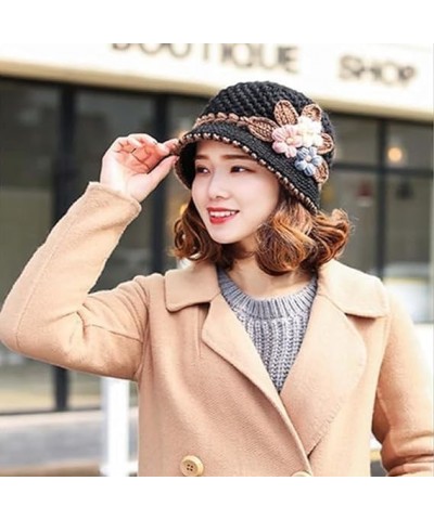 French Thicken Women's Flowers Knitted Woolen Hat, Winter Outdoor Warm Windproof Knitted Crochet Beanie Hat for Women Wine Re...