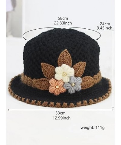 French Thicken Women's Flowers Knitted Woolen Hat, Winter Outdoor Warm Windproof Knitted Crochet Beanie Hat for Women Wine Re...