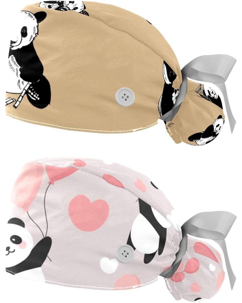 Cute Panda Bamboo 2 Pcs Scrub Cap Working Cap with Buttons Adjustable Nurse Hat for Woman Man $10.77 Skullies & Beanies