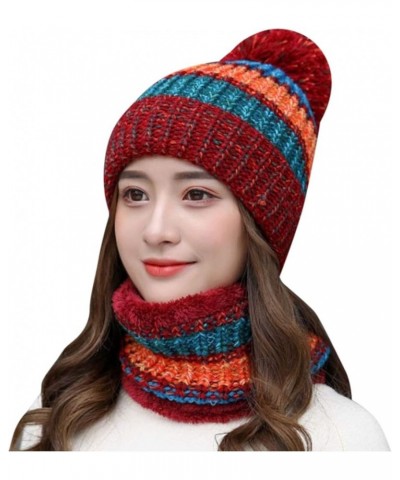 Lady 2Pcs Striped Scarf Hat Sets for Women Thermal Warm Winter Hat Knitting Crochet Hats Cycling Neck Gaiter Red $9.50 Rain Hats