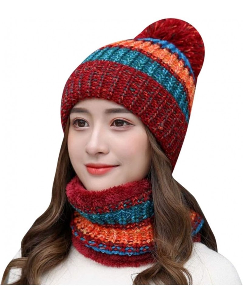 Lady 2Pcs Striped Scarf Hat Sets for Women Thermal Warm Winter Hat Knitting Crochet Hats Cycling Neck Gaiter Red $9.50 Rain Hats