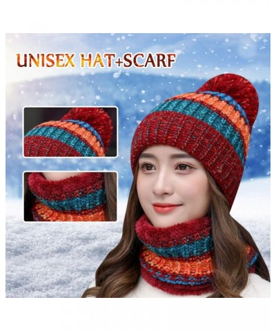 Lady 2Pcs Striped Scarf Hat Sets for Women Thermal Warm Winter Hat Knitting Crochet Hats Cycling Neck Gaiter Red $9.50 Rain Hats