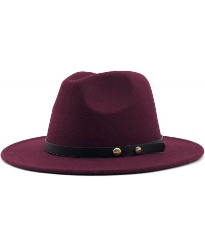 Women Men Wool Fedora Hats Casual Leather Belt Large Wide Brim Felt Hat Classic Formal Party Cap 59to61CM Wine $18.35 Fedoras