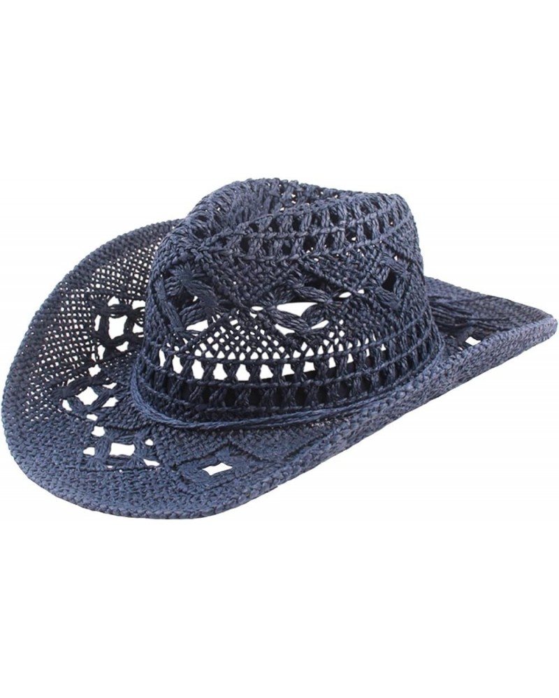 Men & Women's Summer Cowboy Cowgirl Straw Hat Hollow Out Woven Roll Up Wide Brim Hat Navy $10.06 Cowboy Hats