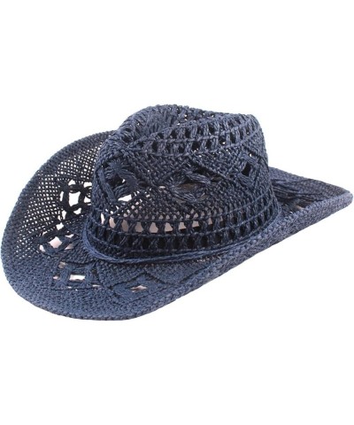 Men & Women's Summer Cowboy Cowgirl Straw Hat Hollow Out Woven Roll Up Wide Brim Hat Navy $10.06 Cowboy Hats