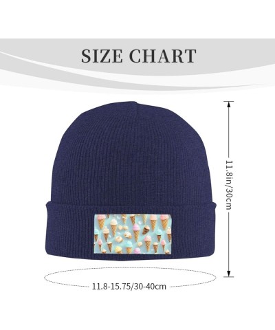 Ice Cream and Waffle Pattern Print Knitted Hat Daily Warm Hat,Outdoor Beanie Men & Women,Elastic Hat Without Brim Navy Blue $...