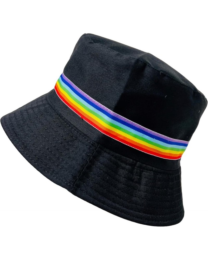 New! Pride Unisex Bucket Hat Reversible Double-Side-Wear Packable for Travel, Outdoors, and Beach Black With Rainbow Band Cot...