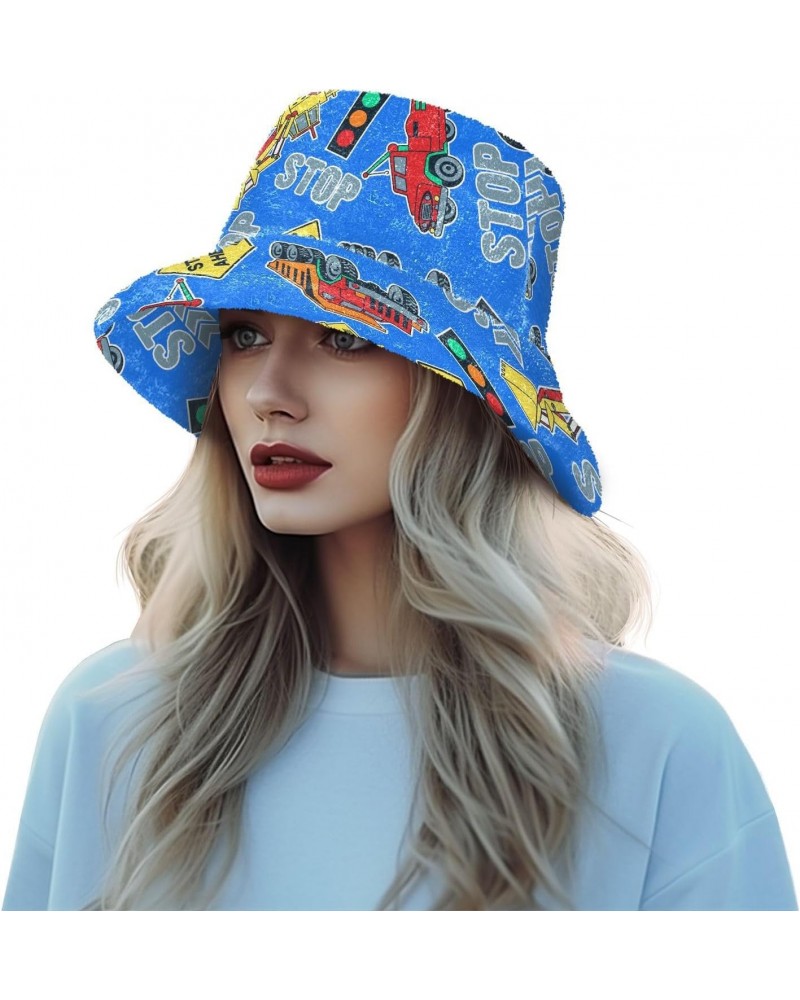 Cartoon Construction Trucks Fuzzy Bucket Hat for Women Winter Hats Fur Bucket Hat for Sports Skiing $10.08 Bucket Hats