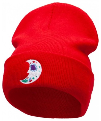 Moon De Los Muertos Embroidered 12 Inch Long Knitted Beanie Red $19.69 Skullies & Beanies