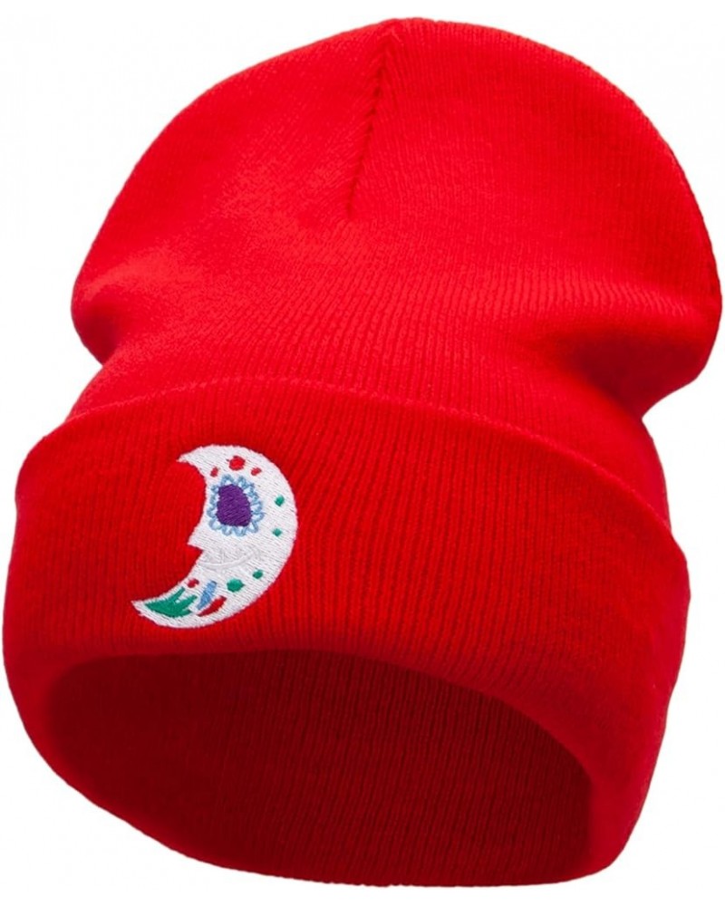 Moon De Los Muertos Embroidered 12 Inch Long Knitted Beanie Red $19.69 Skullies & Beanies