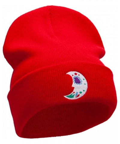 Moon De Los Muertos Embroidered 12 Inch Long Knitted Beanie Red $19.69 Skullies & Beanies