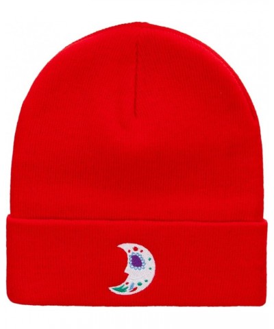 Moon De Los Muertos Embroidered 12 Inch Long Knitted Beanie Red $19.69 Skullies & Beanies