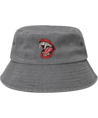 Vampire Mouth with Sharp Fangs Bucket Hat for Men Women Outdoor Washed Cotton Sun Hats Travel Beach Hat Gray $14.35 Bucket Hats