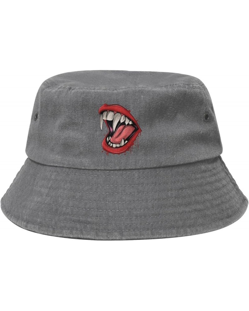 Vampire Mouth with Sharp Fangs Bucket Hat for Men Women Outdoor Washed Cotton Sun Hats Travel Beach Hat Gray $14.35 Bucket Hats