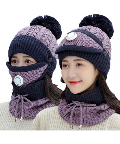 2 Pieces Fleece Lined Knit Beanie Hat Scarf Set Winter Warm Ski Cap with Pompom Purple $16.79 Skullies & Beanies