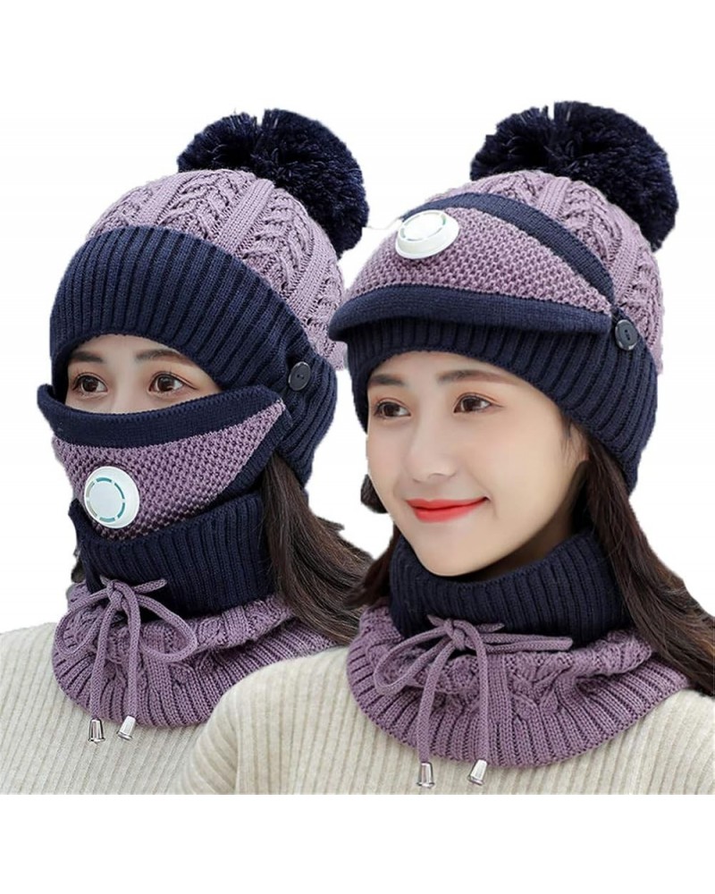 2 Pieces Fleece Lined Knit Beanie Hat Scarf Set Winter Warm Ski Cap with Pompom Purple $16.79 Skullies & Beanies