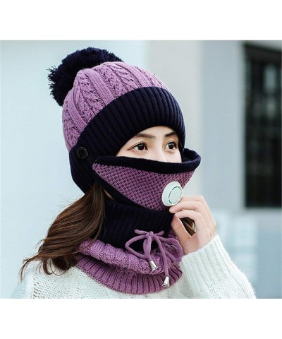 2 Pieces Fleece Lined Knit Beanie Hat Scarf Set Winter Warm Ski Cap with Pompom Purple $16.79 Skullies & Beanies