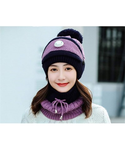 2 Pieces Fleece Lined Knit Beanie Hat Scarf Set Winter Warm Ski Cap with Pompom Purple $16.79 Skullies & Beanies