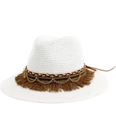 Fashion Tassels Decor Wide Brim Straw Sun Hat Women Sun Block Beach Bucket Panama Hat for Seaside Travel Vacation White $17.9...