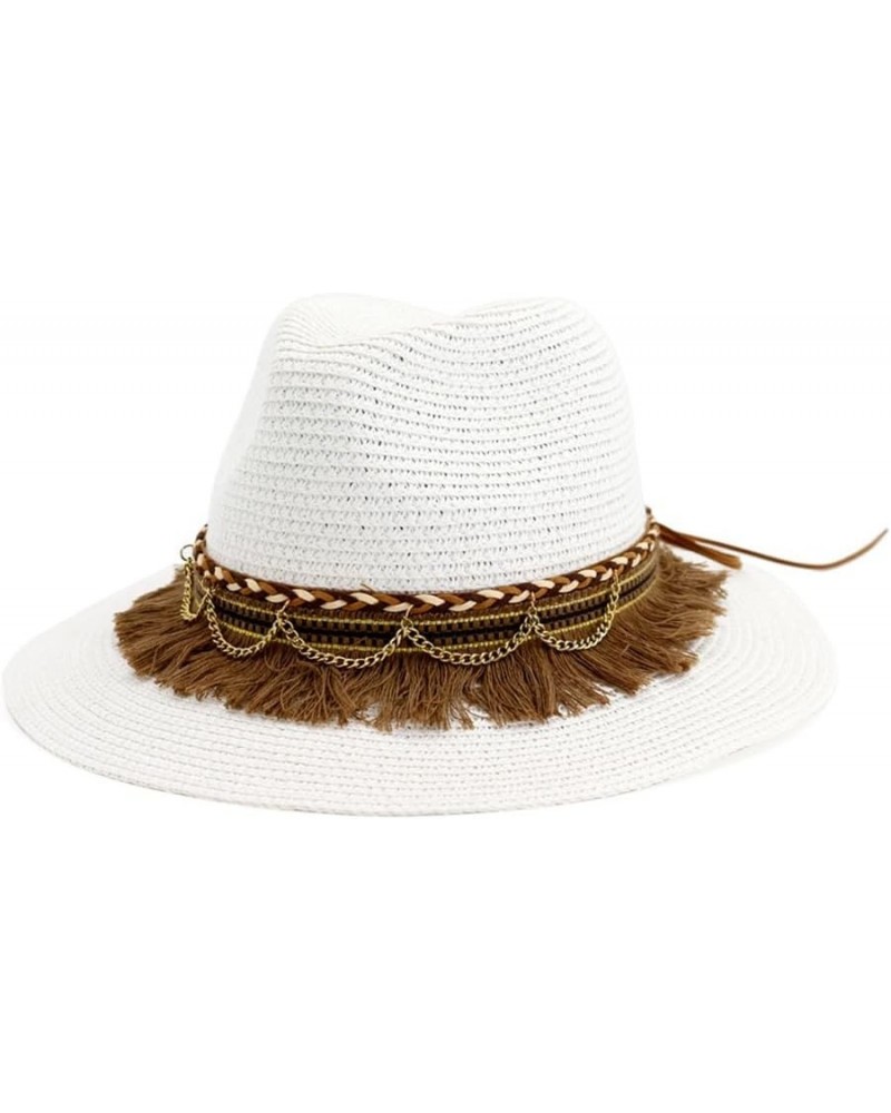 Fashion Tassels Decor Wide Brim Straw Sun Hat Women Sun Block Beach Bucket Panama Hat for Seaside Travel Vacation White $17.9...