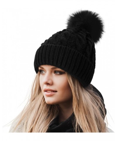 Women's Winter Soft Knit Beanie Hat with Faux Fur Pom Pom Warm Skull Cap Beanies for Women Cozy Lined_a_black Hat Black Pom $...