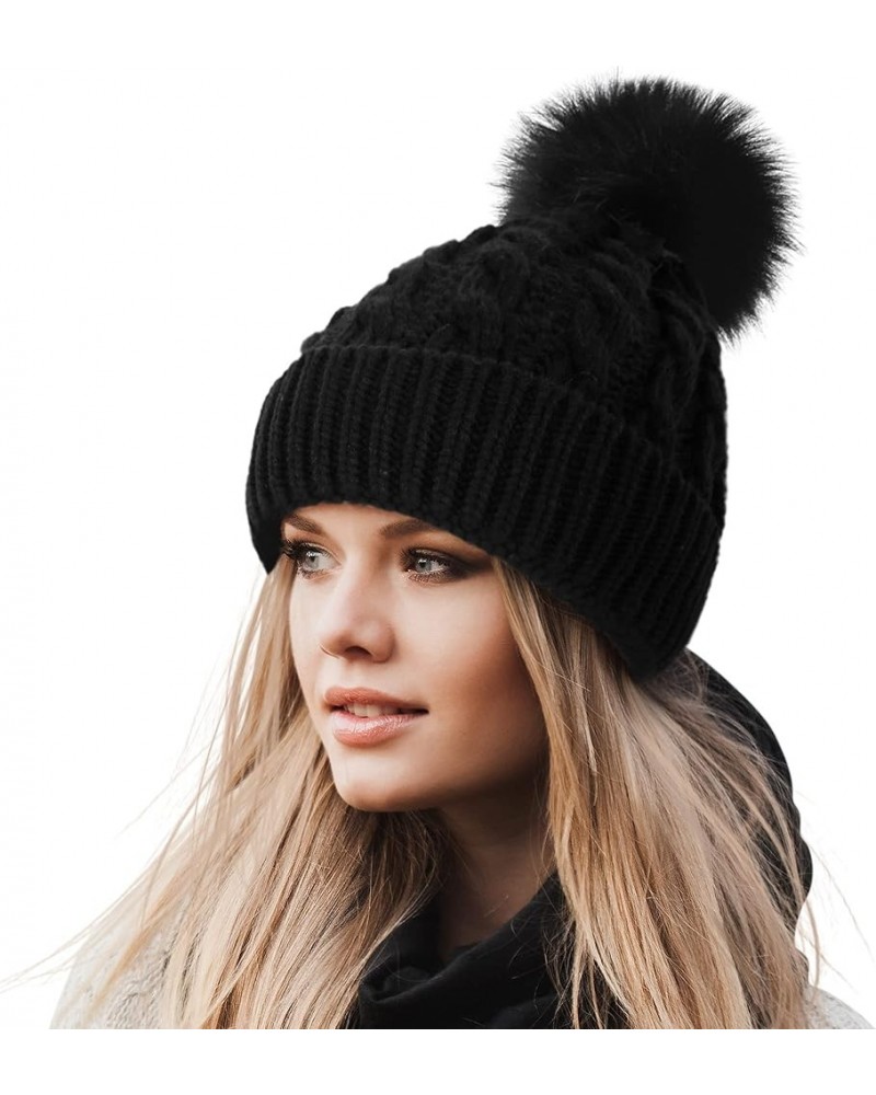 Women's Winter Soft Knit Beanie Hat with Faux Fur Pom Pom Warm Skull Cap Beanies for Women Cozy Lined_a_black Hat Black Pom $...