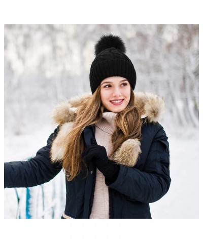 Women's Winter Soft Knit Beanie Hat with Faux Fur Pom Pom Warm Skull Cap Beanies for Women Cozy Lined_a_black Hat Black Pom $...