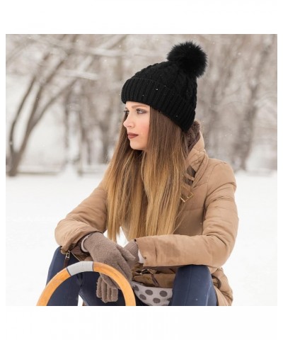 Women's Winter Soft Knit Beanie Hat with Faux Fur Pom Pom Warm Skull Cap Beanies for Women Cozy Lined_a_black Hat Black Pom $...