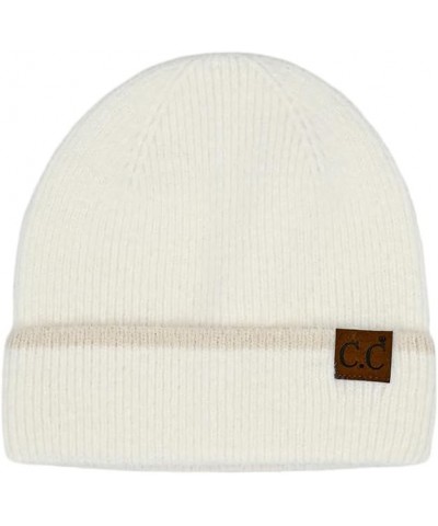 Women Fashion Warm Winter Soft Feather Yarn Striped Cuff Beanie Ivory $14.49 Skullies & Beanies