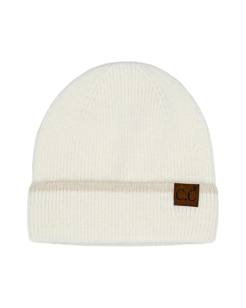 Women Fashion Warm Winter Soft Feather Yarn Striped Cuff Beanie Ivory $14.49 Skullies & Beanies